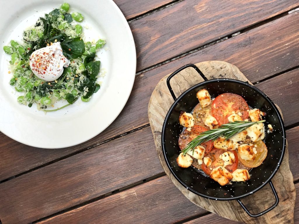 Lunch dishes on wooden table